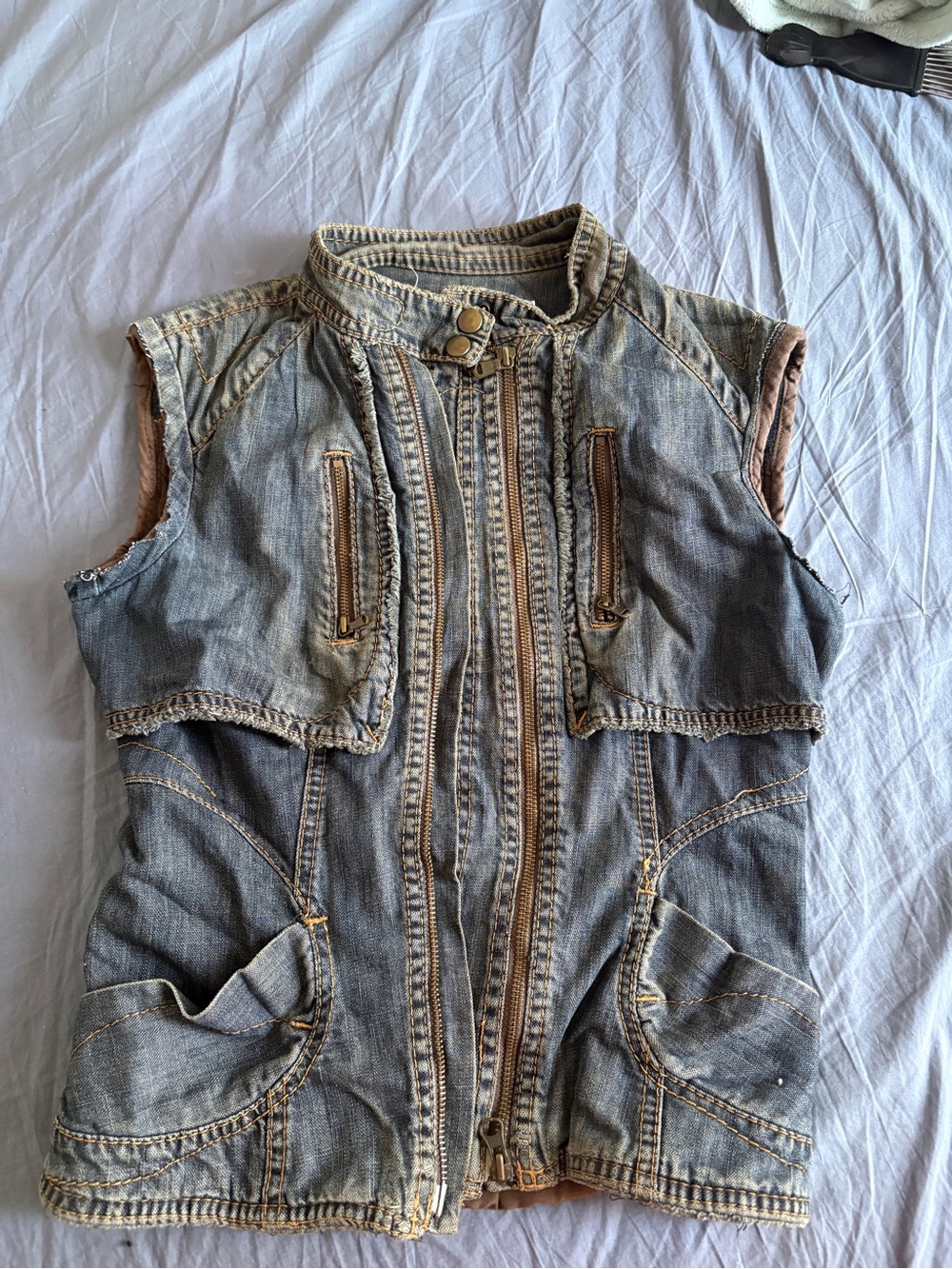 Blue denim vest with brown accents size L